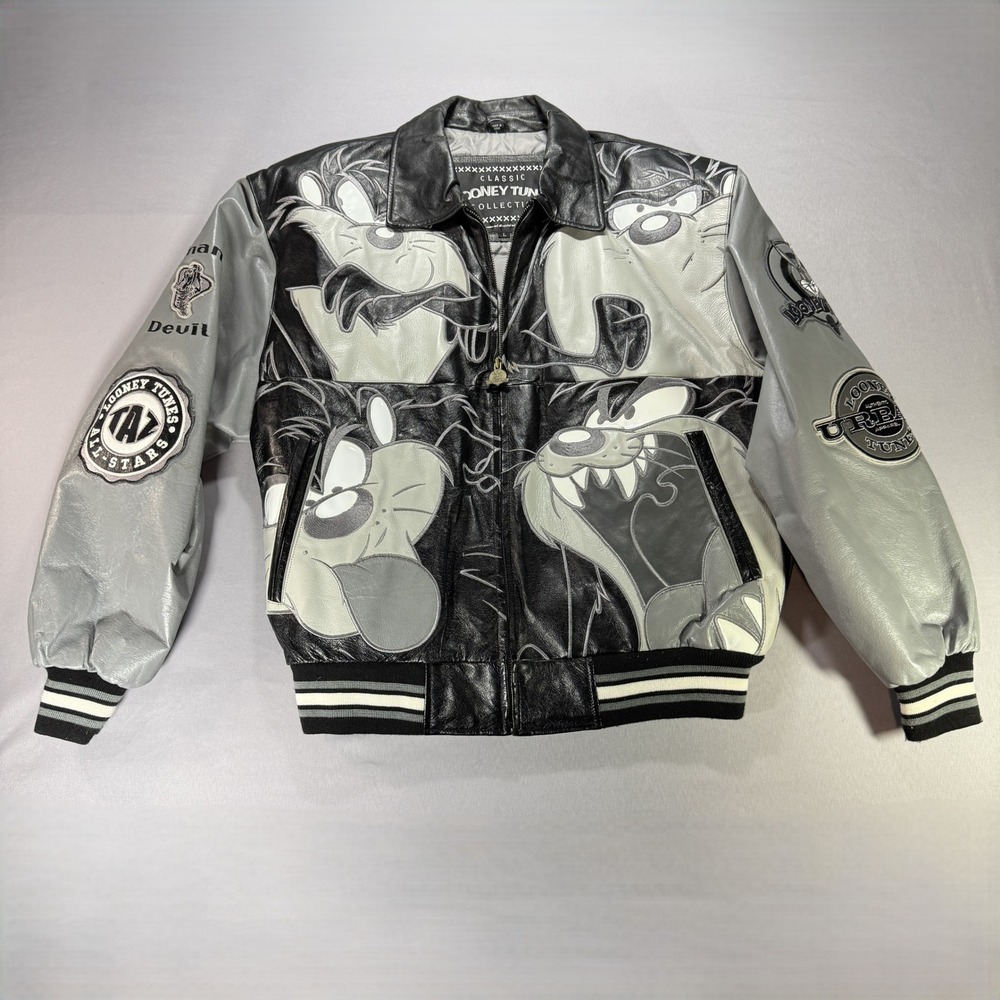 Looney Tunes Taz Tasmanian Devil Leather Varsity Jacket Mens L Black Grey 90s